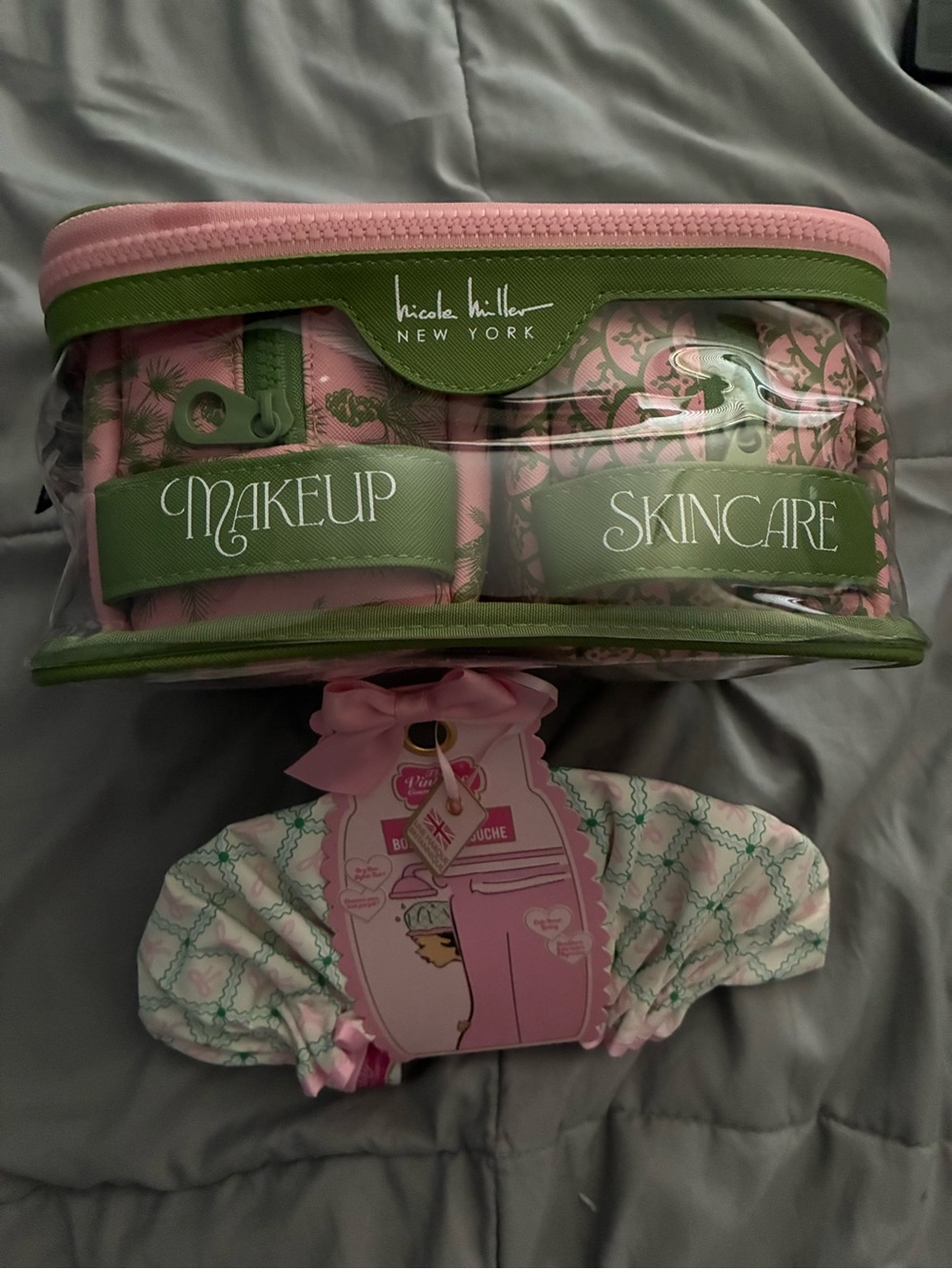 Nicole Miller Pink and Green Clear Makeup & Skincare Cosmetic Bag Set
